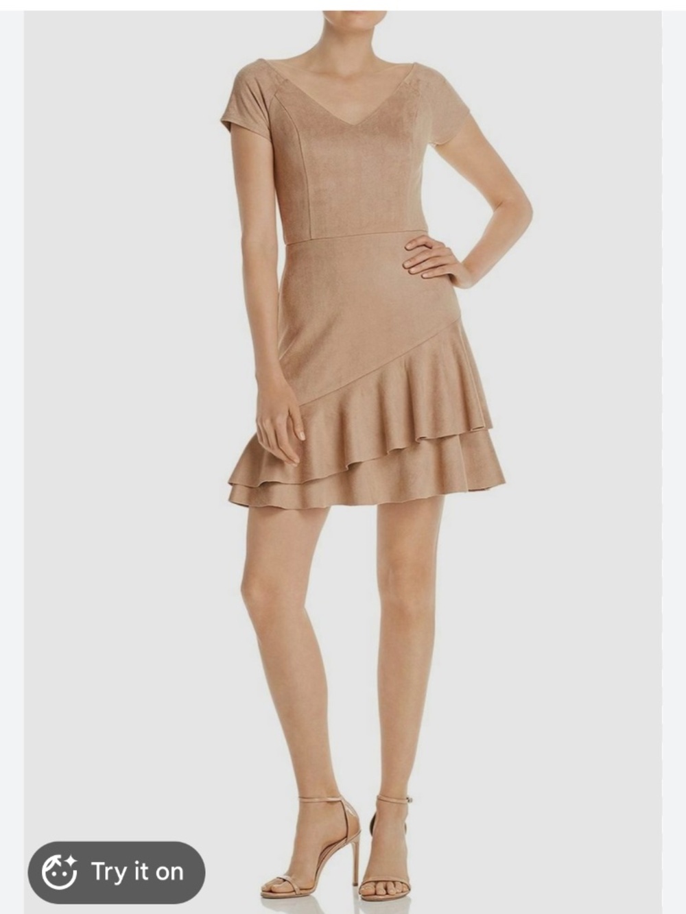 AQUA Faux Suede Ruffled V-Neck Fit & Flare Dress Brown Camel Small